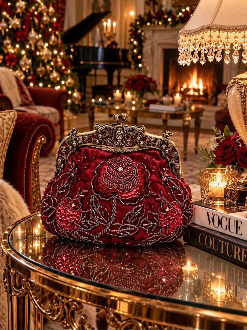 Dedire ~ Vintage-Style Red Embroidered Velvet Evening Clutch